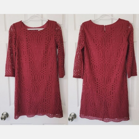 J. Crew 3/4 Three-Quarter Sleeve Lace Shift Mini Dress in Burgundy - Picture 3 of 5